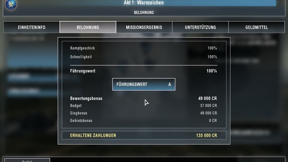 Nach jeder Mission kann ein Einsatzbericht aufgerufen werden.