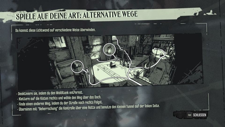 Zum frühen Zeitpunkt weist das Spiel auf die alternativen Vorgehensweisen hin