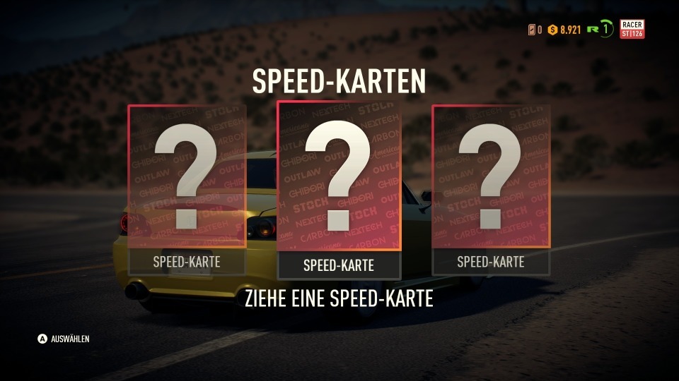 Am Rennende darf sich eine Speedcard ausgesucht werden, die das Fahrzeug (hoffentlich) verbessert.