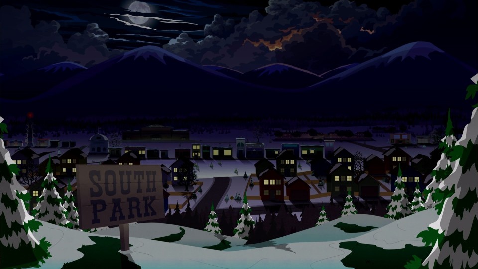 Die gewohnte Optik der Stadt South Park – hier bei Nacht.